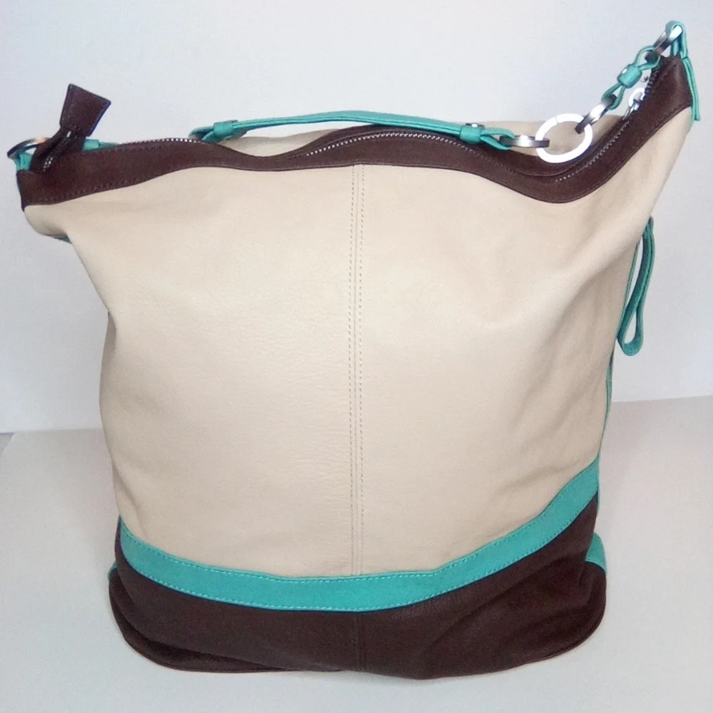 Kenneth Cole Women's Cream, Brown & Teal Hobo Handbag, Preowned, Genuine Leather